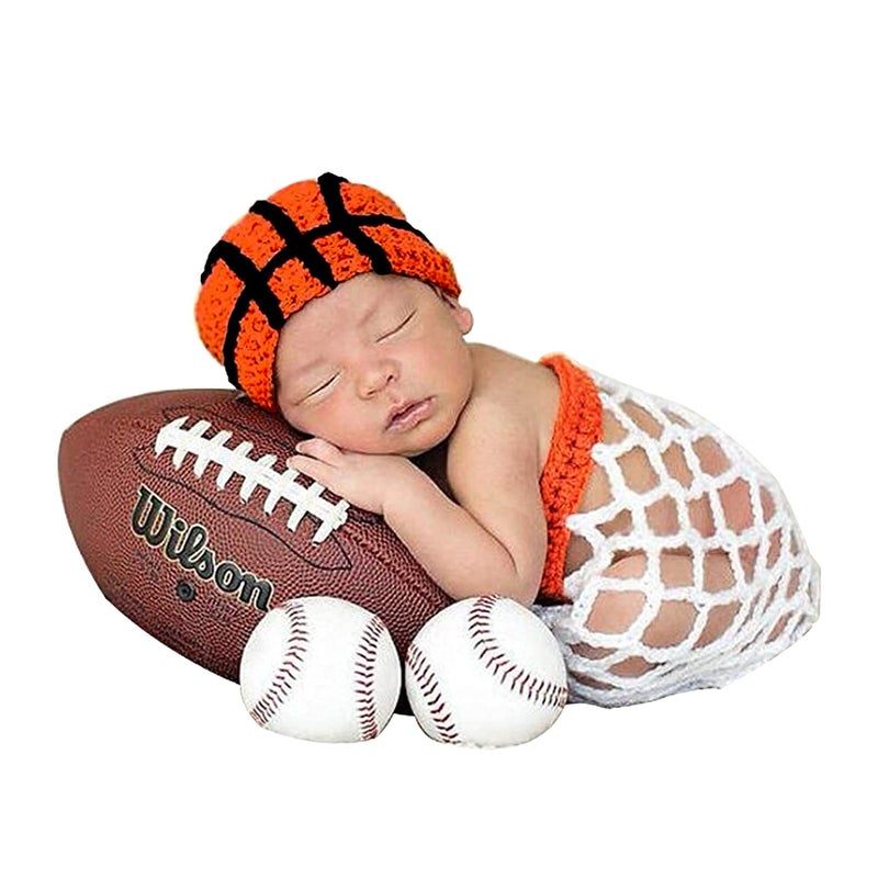 Brenaly Infant Basketball Photography Props Crochet Costume Outfits Orange Hat+White Basket Photo Shoot Props for 3-6 Months Newborn Baby Boy Girl - Image 1